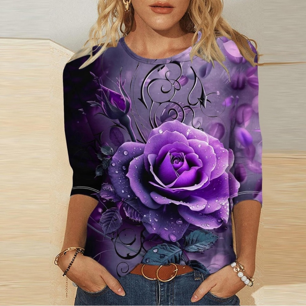 Women Shirt Classic Purple Floral Graphic 3/4 Sleeve RoundNeck Casual LooseComfy